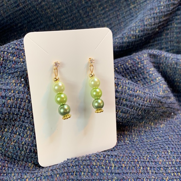 Hand Crafted Faux Green Pearl Dangle Cubic Zirconia Stud Post Earrings - Picture 4 of 9